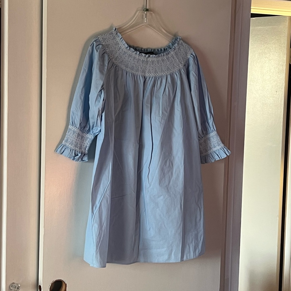ZARA Light Blue Cotton Smocked Embroidered Babydoll Dress. Large.